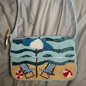 Viral Beaded Bag Purse Beach Scene with Umbrella Sand Beach Ball and Chairs.NWT!
